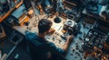 Robotics engineer is assembling a robot in a workshop with various tools and components around. Generative AI Royalty Free Stock Photo