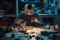 Robotics engineer works on assembling a complex robot in a dim workshop with multiple components scattered around Royalty Free Stock Photo