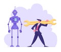 Robotics Engineering, Chatbot and Automatization in Business Concept. Businessman Holding Huge Wrench