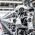 Robotics factory with rows of humanoid robots.