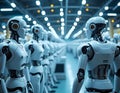 Robotics factory with rows of humanoid robots.