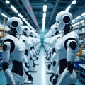 Robotics factory with rows of humanoid robots.
