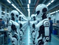 Robotics factory with rows of humanoid robots.