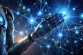 Robotics hand touching an AI icon, generative artificial intelligence. Process automation and data analysis. Royalty Free Stock Photo
