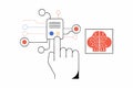 Robotics hand touching an AI icon, generative artificial intelligence. Process automation and data analysis. Royalty Free Stock Photo