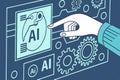 Robotics hand touching an AI icon, generative artificial intelligence. Process automation and data analysis. Royalty Free Stock Photo