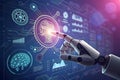Robotics hand touching an AI icon, generative artificial intelligence. Process automation and data analysis. Royalty Free Stock Photo