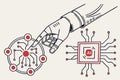 Robotics hand touching an AI icon, generative artificial intelligence. Process automation and data analysis. Royalty Free Stock Photo