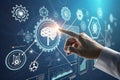 Robotics hand touching an AI icon, generative artificial intelligence. Process automation and data analysis. Royalty Free Stock Photo