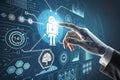 Robotics hand touching an AI icon, generative artificial intelligence. Process automation and data analysis. Royalty Free Stock Photo