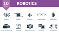 Robotics icon set. Monochrome simple Robotics icon collection. Big Data, Pattern, Algorithm, Smart Glasses, Smart Watch Royalty Free Stock Photo