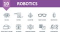 Robotics icon set. Monochrome simple Robotics icon collection. Big Data, Pattern, Algorithm, Smart Glasses, Smart Watch