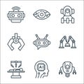 robotics line icons. linear set. quality vector line set such as robot, artificial intelligence, surgery, robot arm, chatbot, arm
