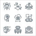robotics line icons. linear set. quality vector line set such as settings, robot, robot, virtual reality glasses, cloud computing Royalty Free Stock Photo