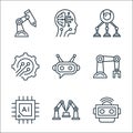 Robotics line icons. linear set. quality vector line set such as robot, robot arm, chip, robot arm, chatbot, process, artificial