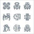 Robotics line icons. linear set. quality vector line set such as spaceship, brain, robotic arm, dna, configuration, augmented Royalty Free Stock Photo