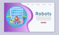 Robotics online lessons with cute robots and transformers website template for kids lessons vector cartoon illustration.