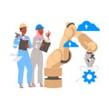 Robotics Programming with Man and Woman Engineer Character Configuring Robotic Arm Vector Illustration Royalty Free Stock Photo