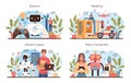 Robotics school course concept set. Robotic engineering and constructing lesson