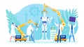 Robotics technology design by people team concept vector illustration. Flat modern ai science innovation, future robotic