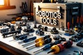 robotics tools and components organized on a table on the background of toolbox