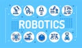 Robotics word lettering typography. Innovation in technology. Assistants for people in different industries. Infographics with