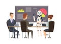 Robotization. Robot makes presentation at business training. Android coach and managers vector illustration