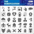 Robotization solid icon set, robot symbols collection or sketches. Artificial Intelligence glyph style signs for web and