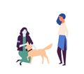 Robotized assistant walking dog flat vector illustration. Robot in daily human life. Artificial intelligence helper
