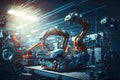robots assemblers of machines on conveyor in factory of automotive industry