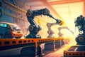 Robots assemblers of machines on conveyor in factory of automotive industry