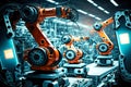 Robots assemblers of machines on conveyor in factory of automotive industry