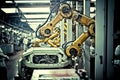 Robots assemblers of machines on conveyor in factory of automotive industry