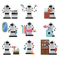 Robots assistants helping people in housework duties set, artificial intelligence vector Illustrations