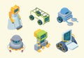 Robots assistants isometric set. Futuristic devices with artificial intelligence for high quality cleaning house and