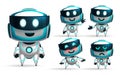 Robots character vector set. Robotic 3d characters collection with waving, blushing and crying gestures in standing pose for kids.