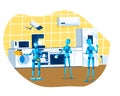 Robots cleaning kitchen, doing laundry and organizing fridge. Futuristic home automation with AI technology. Smart home Royalty Free Stock Photo
