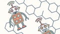 Robots communicating with hexagonal patterns, futuristic network and AI intelligence, vector design Generative AI Royalty Free Stock Photo