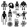 Robots, cyborgs, androids and artificial intelligence vector icons