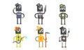 Robots of Different Professions Collection, Pilot, Policeman, Soldier, Gardener, Farmer, Butcher Vector Illustration