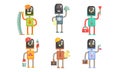 Robots of Different Professions Collection, Waiter, Lumberjack, Plumber, Builder, Engineer, Scientist Vector