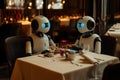 Robots dining in a modern restaurant setting enjoying a meal together in the evening Royalty Free Stock Photo