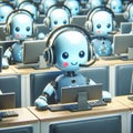 Robots equipped with headsets seated at their individual workstations in front of computer monitors in busy call center