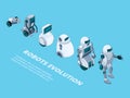 Robots evolution. Androids digital metal characters isometric robotic development vector