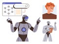 Robots interacting with AI tools while referencing human data for advanced analysis and automation Royalty Free Stock Photo