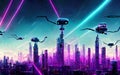 robots flying in futuristic neon city - AI Generated Content