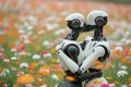 Robots french kiss on a flower field.Cyber love concept