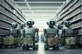 robots in a futuristic supermarket, with robotic arms stocking shelves and a humanoid robot assisting customers at a