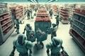 robots in a futuristic supermarket, with robotic arms stocking shelves and a humanoid robot assisting customers at a