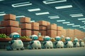 robots in a futuristic supermarket, with robotic arms stocking shelves and a humanoid robot assisting customers at a